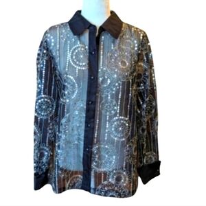 Bob Mackie black sheer witchy whimsigoth oversized silver sequins shirt sz M